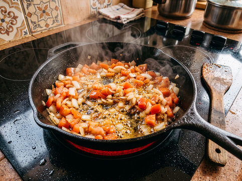 Colombian Sofrito of Chopped Onion, Ripe Tomato and Garlic Saut&eacute;ing in a Black Skillet, Traditional Homemade Cooking Base with Fresh Vegetables and Aromatic Ingredients