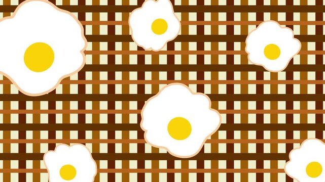 Loopable 2D Animation of Rotating Eggs on Brown Checkered Gingham Background, Cute Sunny Side Up Egg Pattern Intro, Food Design, Kitchen Decor and Playful Motion Background
