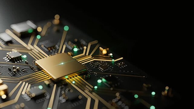 Macro Shot of Gold Microchip Processor with Glowing Green Data Signals for Artificial Intelligence and Edge Computing Concept. 