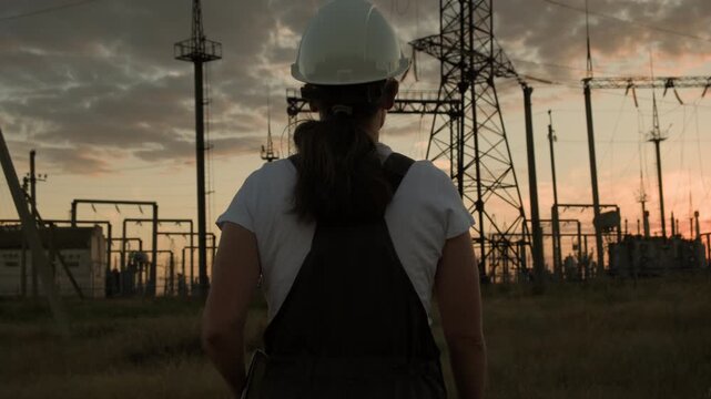 Electrician engineer in hard hat walking to electrical substation with power lines towers at sunset rear view