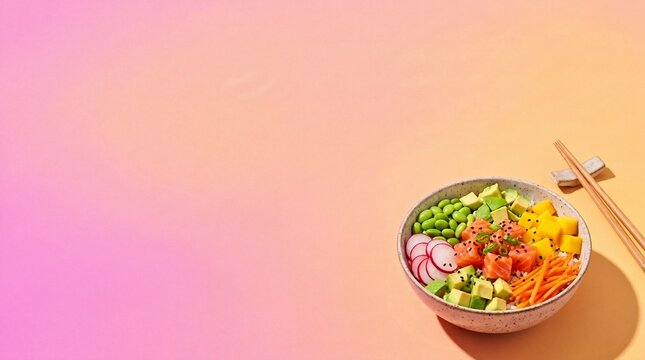 Salmon Poke Bowl with Avocado Edamame and Mango on Pastel Background