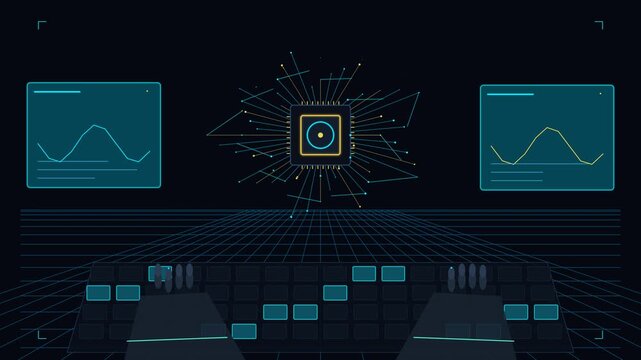 Futuristic digital interface with glowing circuit board and data graphs on dark background with grid and keyboard elements