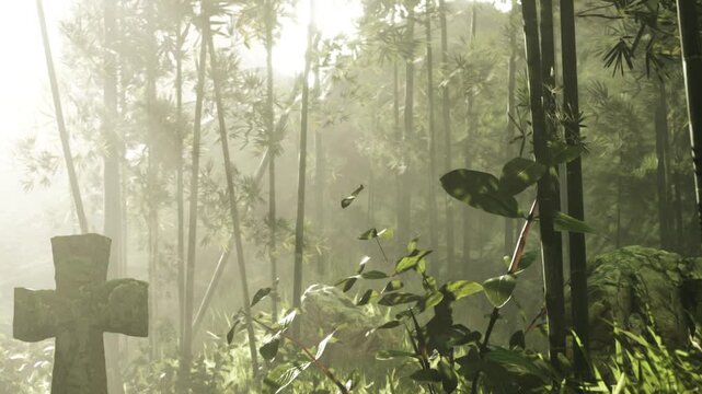 In a serene bamboo forest, soft sunlight breaks through the trees, illuminating vibrant greenery and a weathered stone cross, hinting at natures beauty interwoven with history.