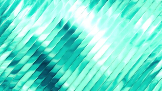 Abstract turquoise and cyan metallic corrugated lines reflecting bright light in a smooth continuous diagonal flowing motion pattern