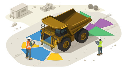 Isometric Illustration of Mining Dump Truck and Workers. © Habissudah