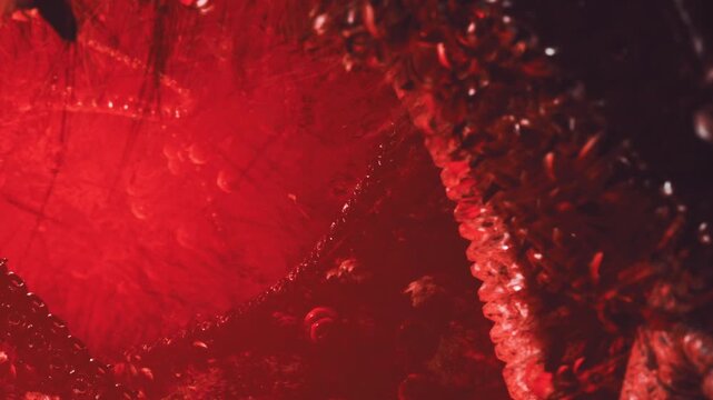Inside a mesmerizing world, deep red hues swirl and dance, revealing intricate textures and shapes. Light filters through, creating a captivating atmosphere at dusk.