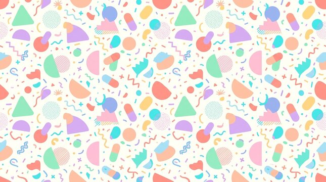 Whimsical Seamless Pattern Featuring Abstract Geometric Shapes and Playful Confetti Elements in a Soft Pastel Palette, Ideal for Creative Design Backgrounds