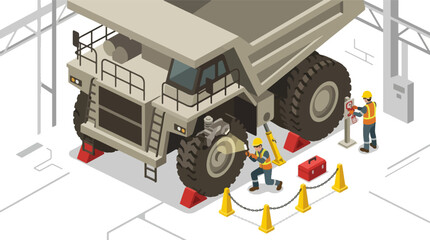 Isometric Illustration Of Mining Dump Truck Maintenance And Repair Crew. © Habissudah