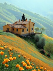 Fototapeta premium Golden wheat field with small wooden houses in countryside under bright sun, warm autumn light, wide rural landscape, clear sky, textured crops, distant horizon, peaceful seasonal scene
