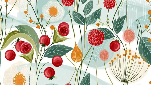 Stylish decorative ornament  seamless pattern with tea leaves, raspberries, and acerola berries; sense of movement.