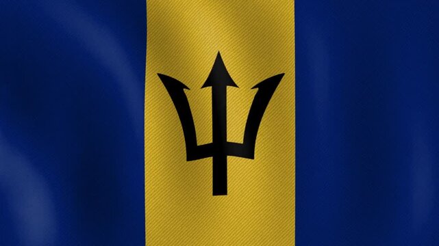 Barbados National Flag Waving &ndash; Golden Yellow and Ultramarine Blue with Black Trident, Caribbean Pride and Patriotism