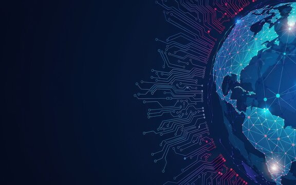 Digital glowing globe with circuit board lines and network connections on a dark background. Global technology and connectivity concept for corporate presentations.