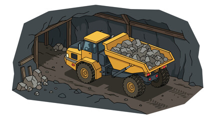 Isometric Mining Dump Truck Carrying Rocks Inside Dark Tunnel. © Habissudah
