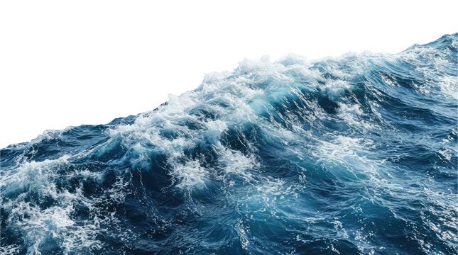 Dynamic dark blue ocean wave with churning deep water currents, bright white sea foam capping the crests and swirling across textured liquid surfaces, isolated cutout stock image against a white