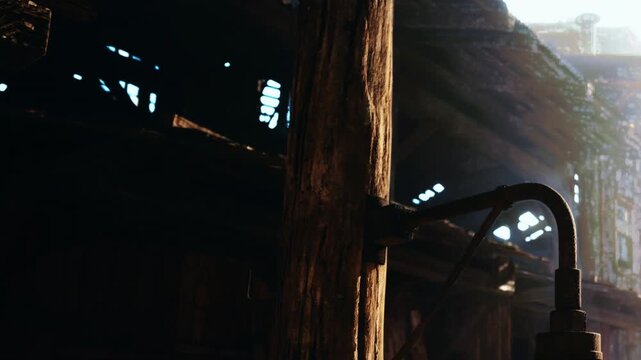 Sunlight streams through gaps in a rustic old structure, illuminating a wooden post. Dust particles dance in the warm glow, showcasing the beauty of timeworn craftsmanship and history.