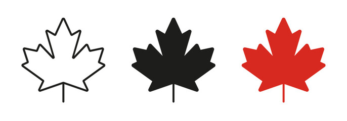 Fototapeta premium Maple leaf icon set in outline and solid style. National canadian emblem maple leaves sign