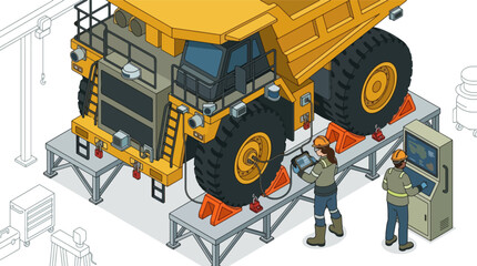 Isometric View Of Mining Dump Truck Maintenance And Repair Technicians. © Habissudah