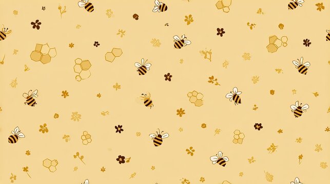 Seamless beige pattern with tiny honey bees, honeycomb motifs and small floral accents, warm beekeeping illustration and natural decorative surface design