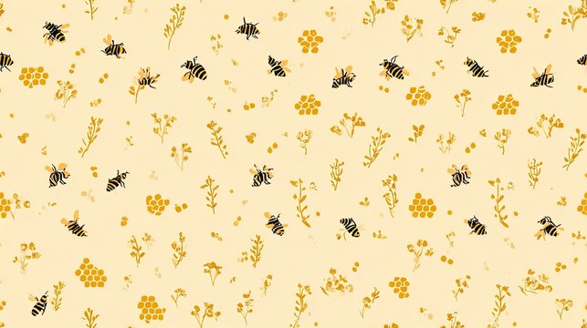 Seamless small bee pattern with tiny flowers and honeycomb details on a pale yellow background, cheerful beekeeping illustration and playful surface design