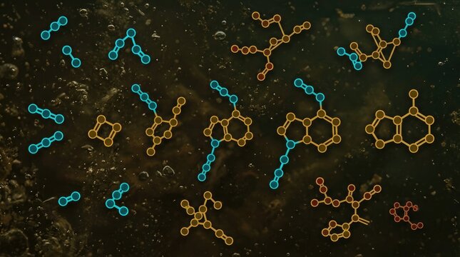 Adenine synthesis from hydrogen cyanide monomers demonstrating abiogenesis, prebiotic chemical polymerization reaction visualizing molecular origin of life within primordial fluid.