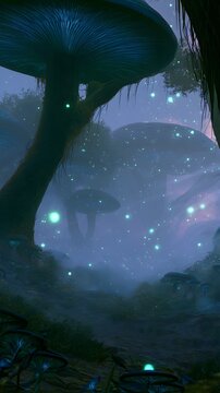 Bioluminescent mushroom trees in a misty alien jungle at twilight