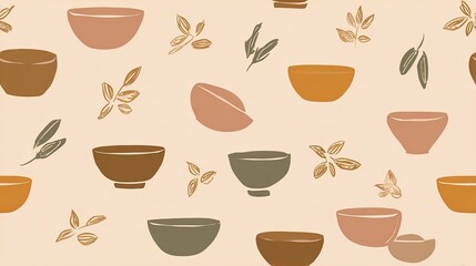 Fototapeta premium Seamless warm beige pattern with simple tea cups, bowls and botanical leaves, cozy kitchen illustration and minimal lifestyle surface design