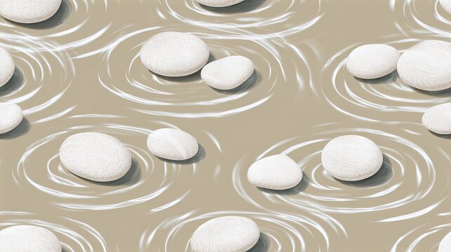 Seamless spa pattern with smooth white pebbles and flowing circular ripples on a warm beige background, peaceful zen and wellness surface design