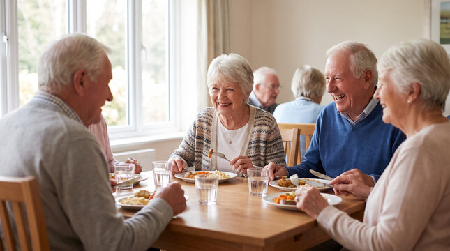 Happy elderly people dining together and laughing at table in nursing home. Concept of care home, senior citizens, retirement, eating together.