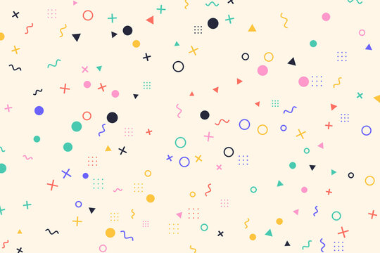 Colorful Memphis style pattern with geometric shapes, circles and squiggles