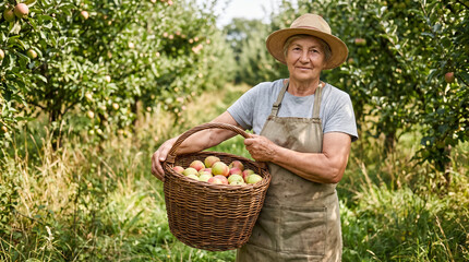 Fototapeta premium Happy senior woman farmer holding basket with fresh apples in sunny garden. Concept of gardener, orchard, apple harvest, organic fruit, apple picking.