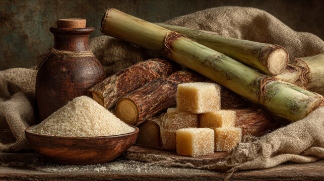 Sugarcane stalks, raw brown sugar cubes, and granulated sugar in a wooden bowl are artistically arranged on a rustic burlap backdrop.