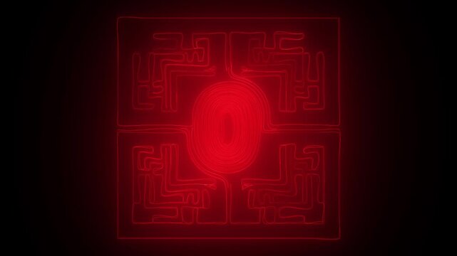 Glowing red maze pattern with central light for futuristic tech and