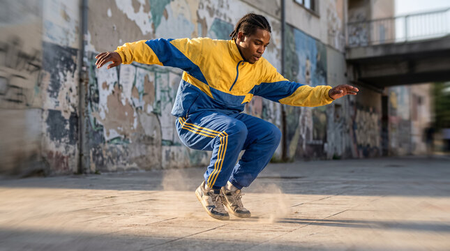 Young African American man breakdancing in blue yellow tracksuit on city street. Concept of street dancer, breakdancer, street dance, hip hop, urban dance, bboy.