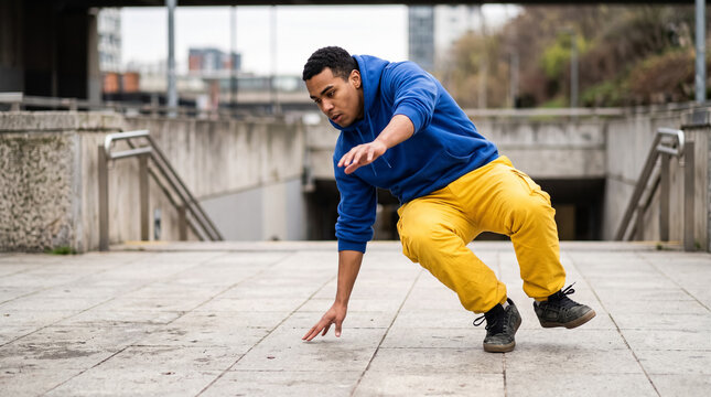 Young male breakdancer performing dynamic street dance moves outdoors in blue hoodie and yellow pants. Concept of street dancer, breakdancing, bboy, hip hop dance.