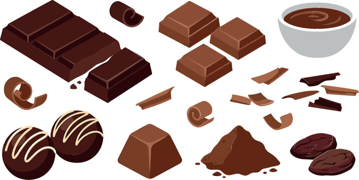 Delicious Chocolate Vector Set with Dark Candy Bars Sweet Truffles Cocoa Powder Curls and Melted Sauce Bowl for Bakery Cafe Menu and Confectionery Graphic Designs