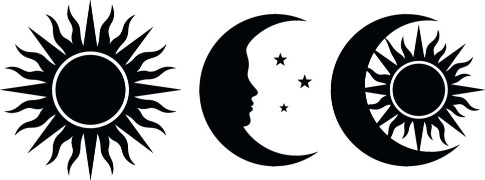 Mystical Sun and Moon Silhouette Vector Set with Celestial Crescent Face Stars and Eclipse Symbols for Astrology Tarot Occult and Esoteric Graphic Designs