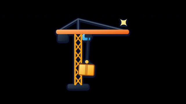 Stylized vector illustration of a construction crane lifting a package isolated on black background