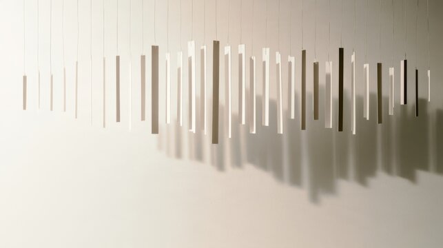 Collection of Paper Strips Suspended at Different Heights, Casting Shadows on a Wall in Contemporary Art Installation