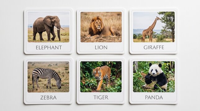 Educational flashcards with wild animals including elephant, lion, giraffe, zebra, tiger, and panda