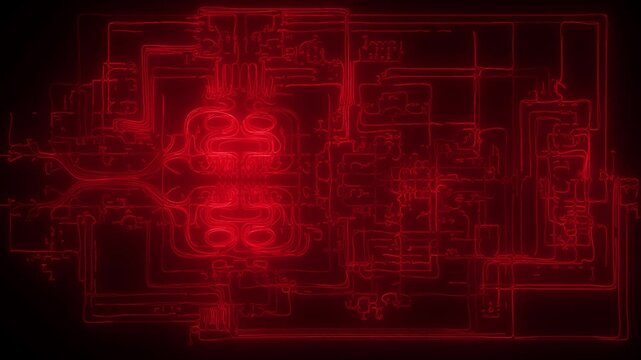 Glowing red neon circuit board animation for tech and cybersecurity