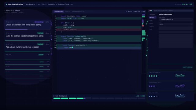 Dynamic dark-mode coding dashboard visualizes AI-generated code and application development with interactive elements and real-time updates over an ink-indigo background.