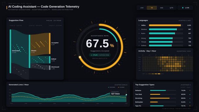Explore a sophisticated AI coding assistant dashboard showcasing real-time tracking of automated code generation and acceptance rates with dynamic visual analytics.