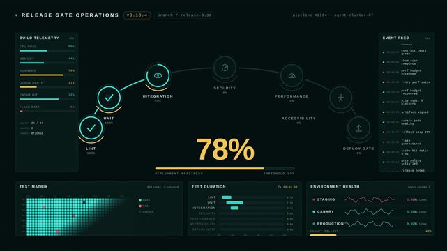 A dynamic operations dashboard showcasing automated testing and deployment readiness with a focus on performance metrics and visual indicators of success and failure.