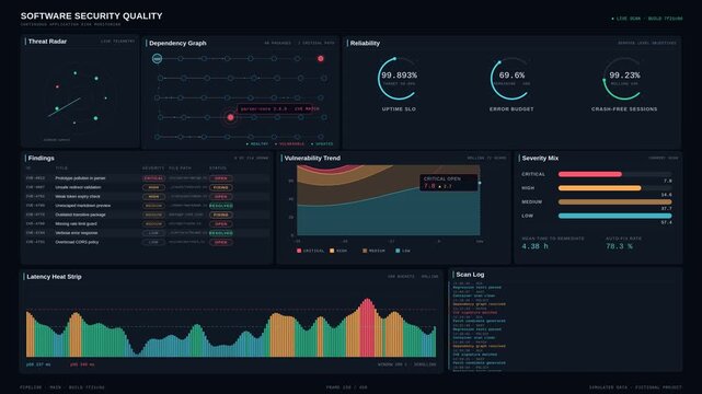 A sophisticated AI-generated software quality dashboard visualizes monitoring security vulnerabilities and code reliability with dynamic charts and real-time data updates.