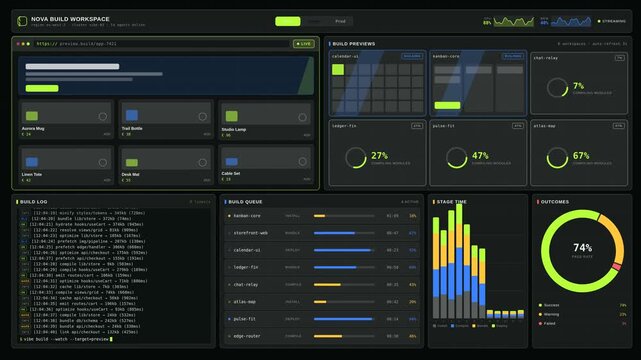 Monitor application builds and live previews on a dark-mode coding platform dashboard with modular grid layout and glowing accents in a high-tech environment.