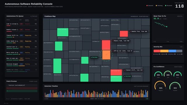 An advanced AI software engineering dashboard visualizes autonomous bug detection and fixes with a dynamic treemap, alert colors, and interactive status updates.