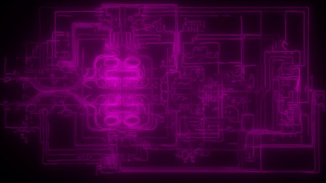 Futuristic neon circuit board animation glowing purple for tech