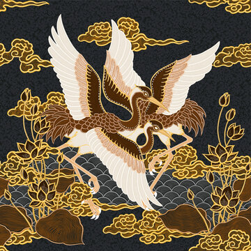 Traditional Batik Crane and Lotus Seamless Background