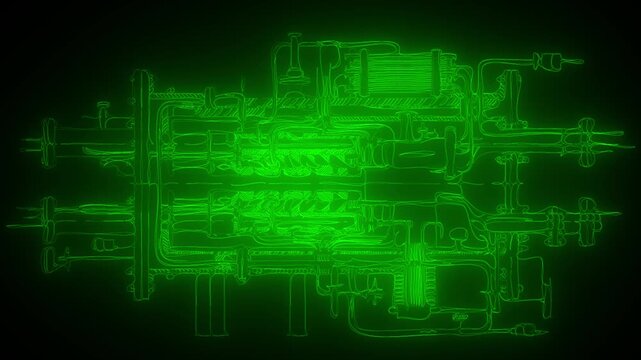 Futuristic glowing green mechanical engine parts animation with