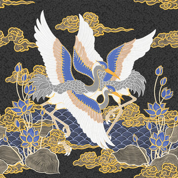 Traditional Batik Crane and Lotus Seamless Background